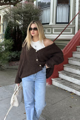 Brown Fluffy Knit V Neck Gold Button Up Soft Chunky Cardigan - Sibelina