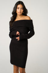 Black Bardot Neckline Ribbed Knit Mini Dress - Yalina
