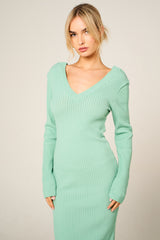 Sage Ribbed V Neck Midi Jumper Dress - Ivy