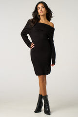 Black Bardot Neckline Ribbed Knit Mini Dress - Yalina