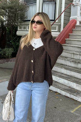 Brown Fluffy Knit V Neck Gold Button Up Soft Chunky Cardigan - Sibelina