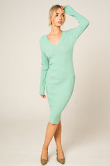 Sage Ribbed V Neck Midi Jumper Dress - Ivy