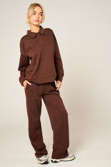Chocolate Oversized Long Sleeve Rugby Top and Trouser Co Ord Set - Marizel