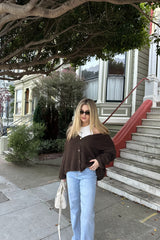 Brown Fluffy Knit V Neck Gold Button Up Soft Chunky Cardigan - Sibelina