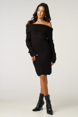 Black Bardot Neckline Ribbed Knit Mini Dress - Yalina