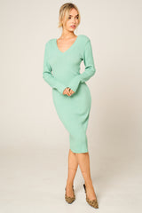 Sage Ribbed V Neck Midi Jumper Dress - Ivy
