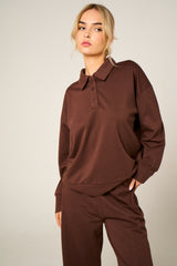 Chocolate Oversized Long Sleeve Rugby Top and Trouser Co Ord Set - Marizel