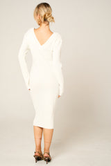 Cream Ribbed V Neck Midi Jumper Dress - Ivy