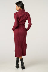 Wine Roll Neck Ribbed Knitted Belted Midi Jumper Dress - Deliora