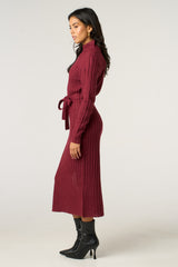 Wine Roll Neck Ribbed Knitted Belted Midi Jumper Dress - Deliora