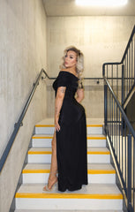 Black Slinky Bardot One Shoulder Ruched Double Layer Maxi Dress- Marissia