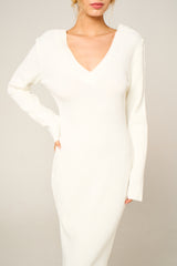 Cream Ribbed V Neck Midi Jumper Dress - Ivy