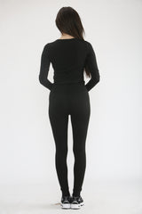 Black Stretch Long Sleeve Top and Leggings Activewear Set - Elara