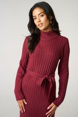 Wine Roll Neck Ribbed Knitted Belted Midi Jumper Dress - Deliora