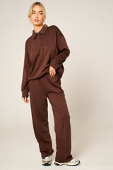 Chocolate Oversized Long Sleeve Rugby Top and Trouser Co Ord Set - Marizel