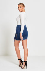 Blue Denim Eyelet Ribbon Petite Hem Mini Skirt - Violina