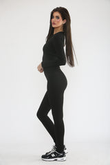 Black Stretch Long Sleeve Top and Leggings Activewear Set - Elara