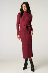 Wine Roll Neck Ribbed Knitted Belted Midi Jumper Dress - Deliora