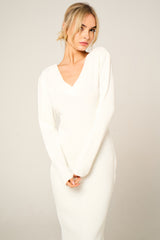 Cream Ribbed V Neck Midi Jumper Dress - Ivy