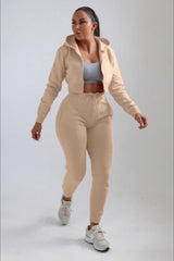 Beige Zip Up Crop Hoodie & Joggers Loungewear Set - Nell
