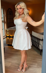 White Square Neck Backless Tie Bow Skater Mini Dress - Majesta