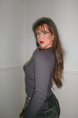 Slate Grey Ribbed Molly Button Through Top - Rosita