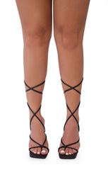 Black Lace Up Strappy Stiletto Square Toe Heels - Danira
