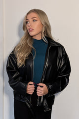 Black Oversized Faux Leather PU Biker Zip Up Moto Jacket - Rosavelle