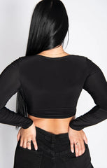 Black Slinky Double Knot Front Long Sleeve Crop Top - Ysadora