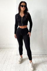 Black Ribbed Zip Front Hoodie & Joggers Two Piece Set - Callie