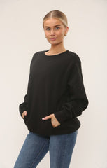Black Oversized Crew Neck Rib Cuff & Hem Long Sleeve Sweatshirt With Pocket Detail - Melanie