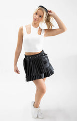 Black Belted Pleated Faux Leather Skirt - Soretta