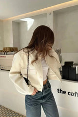 White Cropped Long Sleeve Bomber Jacket - Hiva