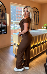 Brown Ribbed Slash Neck Top with Wide Leg Trouser Loungewear Set - Bellina