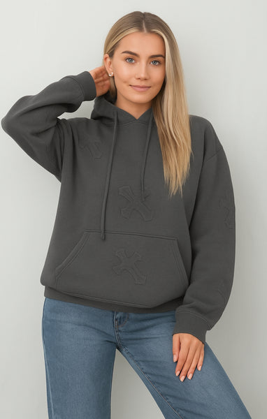 Charcoal Oversized Crucifix Cross Embroidered Hoodie - Ronisa – Femme Luxe