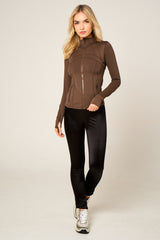 Chocolate High Neck Fitted Zip Up Lightweight Jacket - Sovanna