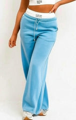 Blue Cropped Sleeveless Ribbed Top with Contrast Wide Leg Trousers Co ord Set - Skyla