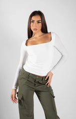 White Slinky Long Sleeve Square Neck Top - Thalina