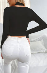 Black Slinky Cross Wrap Halter Crop Top - Donelia