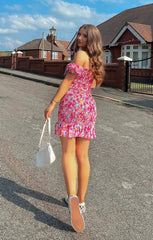 Pink Ditsy Floral Knot Front Shirred Mini Dress - Amarisse