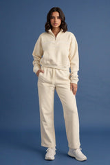 Beige Contrast Striped Stand Collar Sweatshirt With Wide Leg Trouser - Elara