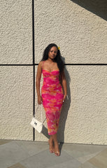 Hot Pink Mesh Printed Sleeveless Bodycon Strappy Maxi Dress - Alexia