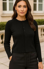 Black Ribbed Molly Button Through Top - Rosita
