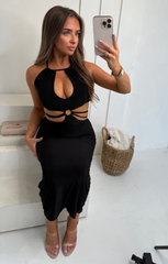 Black V Neck Cut Out Ring Detail Maxi Dress - Arabelle