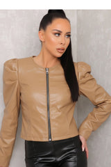 Tan Leather Look Cropped Jacket - Cara