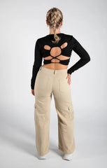 Black Ribbed Long Sleeve Backless Crop Top - Jenavira