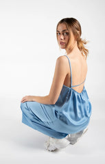 Sky Blue Cowl Neck Satin Lace Up Back Strappy Bodycon Midi Dress - Elissara