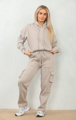 Dove Grey Cropped Fleece Hoodie with Cargo Jogger Sweatpants Loungewear Set - Roshana