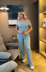 Grey Ribbed Slash Neck Top with Wide Leg Trouser Loungewear Set - Bellina