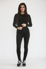 Black Stretch Long Sleeve Top and Leggings Activewear Set - Elara